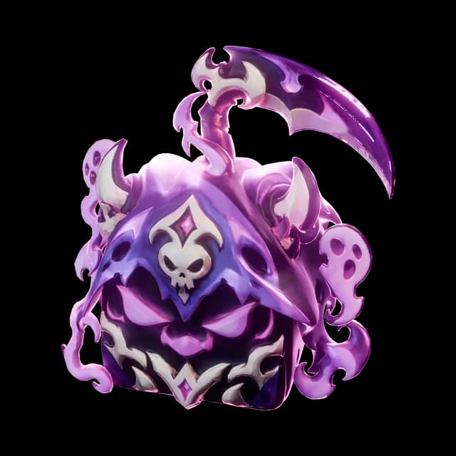 The Reaper Bao Fruit: a violet cube fruit with a scythe stem and glowing magenta eyes