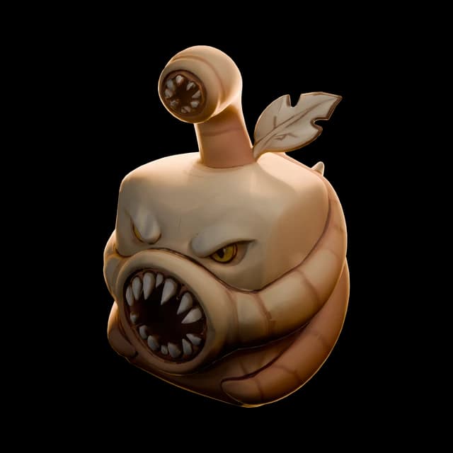 The Sandworm Bao Fruit: a brown fruit with a round toothed maw and a coiled worm stem
